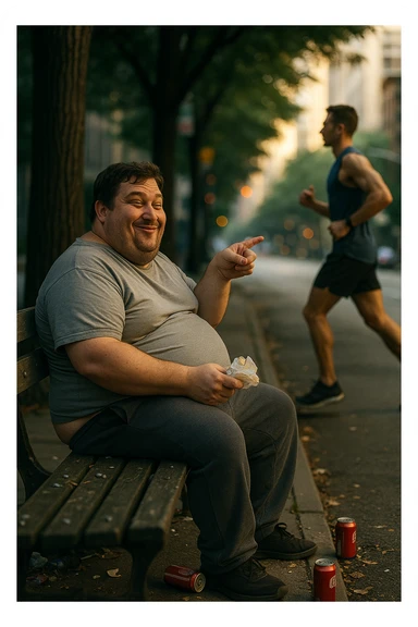 A cinematic urban scene showing an overweight man in his late 30s sitting on a park bench, with a fast food wrapper in one hand and a smirk on his face. He points mockingly toward a fit, athletic person jogging nearby. The man is wearing casual clothes that barely fit — a stretched-out T-shirt and sweatpants — and his posture is slouched. His expression is sarcastic, laughing, but there’s a subtle shadow of insecurity in his eyes. The contrast is clear: the jogger is framed in soft morning light, moving with energy and purpose, while the man on the bench is surrounded by clutter, soda cans, and dim, flat lighting. Shot in 35mm cinematic style, shallow depth of field, with muted tones around the man and vibrant light around the jogger — emphasizing the disconnect between appearance and attitude. sticker