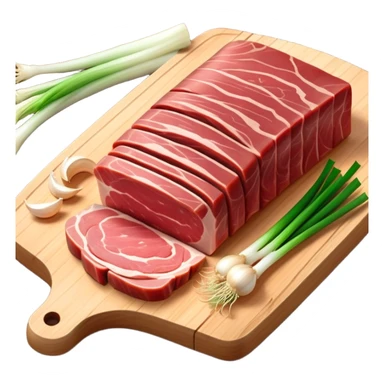 Create an emoji-style illustration of salo (Ukrainian pork fat) in the style of Apple iOS emojis.
The salo should be sliced, slightly glossy, with visible layers of fat and meat. Include a few slices on a wooden cutting board, optionally with garlic or green onion.
Style should match iPhone emoji aesthetics — clean, slightly 3D, soft gradients, no outlines.
Transparent background. High resolution. PNG format. sticker
