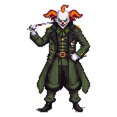 evil clown soldier, bald, black horns on forehead, angry expression, showing fangs, pointed ears, eye patch over one eye, long coat over black and military green clothes with bellbottom pants, tail, holding a different style of whip, realistically proportioned, less bulky, full body, fighting stance sticker