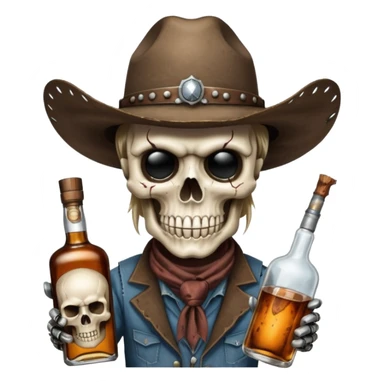 A rough and tumble cowboy with a 6 shooter and a bottle of whiskey. From the view of a bird looking down on the cowboy. Make the graphics dark and gritty in the style of your beeding skull art. Just a skull with a cowboy hat this rime sticker