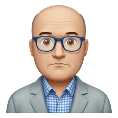 50-year-old heavyset man with wide face and prominent square jawline. Hair only on top of head with completely bald sides (horseshoe pattern baldness). Large dark square glasses. Serious-relaxed expression. Light gray jacket that fits his larger frame, white shirt with blue checkered pattern. sticker