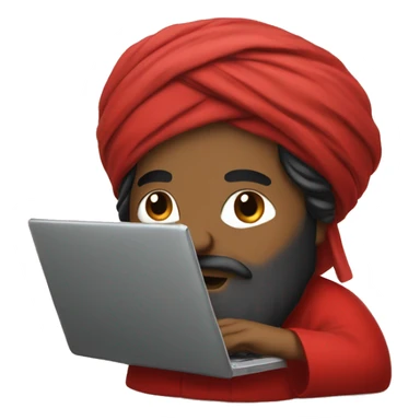 A caliph with turban and red clothes writing in a laptop sticker