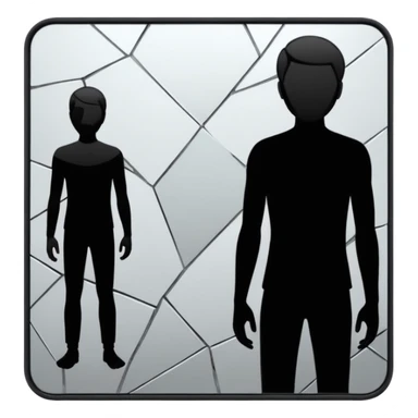 Minimalist emoji-style sticker of a person standing in front of a cracked mirror. The mirror shows a dark shadowy silhouette or distorted figure instead of a reflection. Flat black and white design with muted gray tones. No text. Bold, clean lines. Square composition. No shading or gradients. sticker