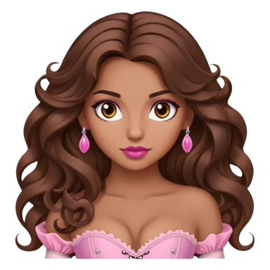 Une femme à la peau mat et aux cheveux long, châtain et ondulé. Elle a les yeux marron et elle est maquiller, elle porte un corset rose.  sticker