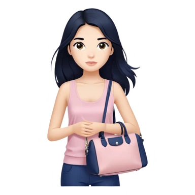Girl with long black hair wearing soft pink tank top and sling navy blue longchamp bag sticker