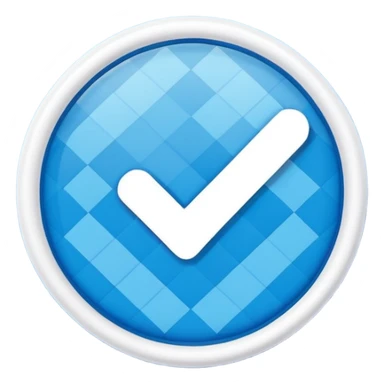 Social media verified badge, bright blue circle with white bold check mark, abstract geometric pattern inside blue circle, clean vector emoji style, modern minimal design, transparent background sticker