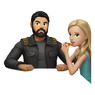 karl urban with black beard sitting at a table eating pizza with small white girl with black hair sticker