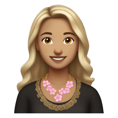 Slavic girl, light skin, brown eyes, black-to-blonde ombre straight tail, smiling with teeth, wearing beautiful dark blouse with a folk pattern of small pink flowers and gold necklace. sticker