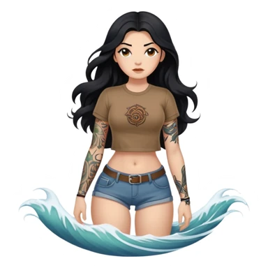 A girl with fair skin and a little fat - long black hair with big waves - tattoos on the upper arms - wearing a brown navel-revealing short-sleeved shirt - full body photo sticker