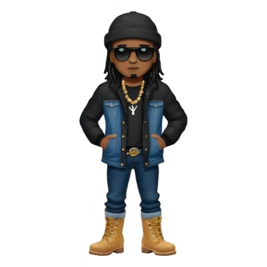 African American man with shoulder length black dreadlocks with black bead wearing black sunglasses with wearing denim skinny jeans wearing black bubble winter coat wearing black New York Yankees baseball hat and wheat timberland boots with arms folded sticker