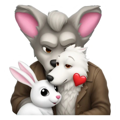 Old Wolf kisses a white Bunny who has pink ears, with big red heart between them sticker