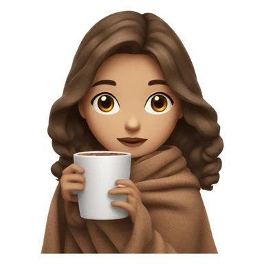 girl inside brown hair, doll eyes, a blanket sipping hot  chocolate, small  sticker