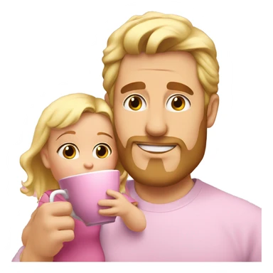 blonde dad drinks tea in pink cup with his babydaughter sticker