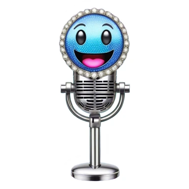 Create a glamorous and vibrant emoji representing stage vocal performance. The design should feature a classic vintage microphone at the center, surrounded by an eye-catching stage costume covered in rhinestones, sparkling brightly. The costume should be stylized, with glittering elements like sequins and sparkles, and reflect the glitzy, extravagant nature of show business. The microphone should have a sleek, retro look with chrome or metallic accents. Use rich, dazzling colors like gold, silver, deep purple, and bright red to evoke the glamorous, larger-than-life feel of a stage performance. The background should be transparent. sticker