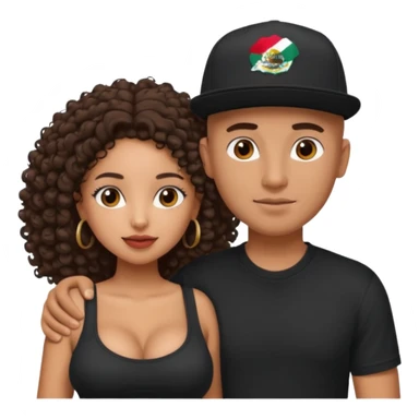 A picture of a tanned couple embracing. the guy is Mexican, with a bald hair cut and he has a SnapBack hat on. The girl is mixed, the girl is wearing a black shirt, the girl has brown curly big hair and the girl has big boobs  sticker