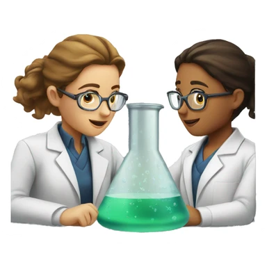 scientists discussing by the window two girls with one clear beaker sticker