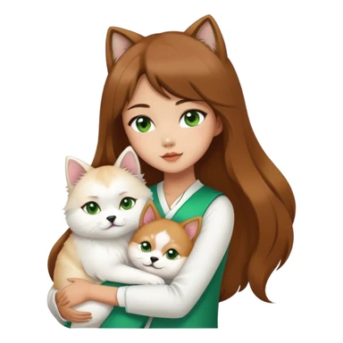 chinese fashion girl has brow hair hugging A Shiba Inu and a long-haired white Persian cat with green eyes. sticker