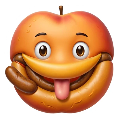 A peach with handmarks with a big bratwurst in his mouth sticker