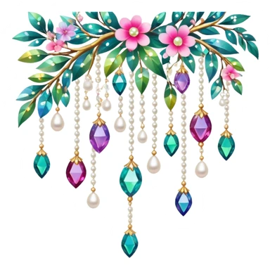 Exotic colorful romantic Few cute tiny Iridescent glistening glossy sparkly shiny glittery hanging crystals pearls and beads and gemstones scenery scenic decorations with branches and flowers sticker