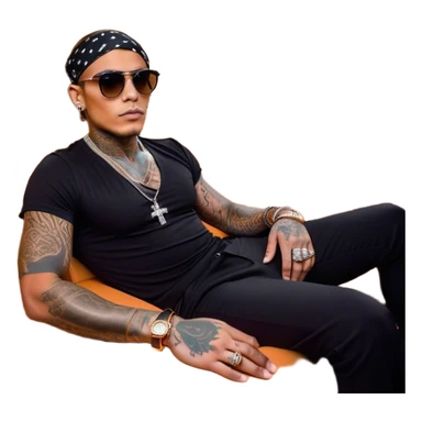 A stylish, tattooed man with sunglasses sits confidently in the backseat of an orange interior luxury car, resembling a Rolls-Royce, under a glowing starlit ceiling. He wears black bandana-print pants, a black shirt, and accessorizes with bracelets and a watch. The ambiance is sleek and high-end, giving off a celebrity lifestyle vibe. Next to him, Kylie Jenner sits with a glamorous and confident expression, dressed in a fashionable outfit, exuding wealth and star power. Both are relaxed, embodying luxury and exclusivity in a VIP setting sticker