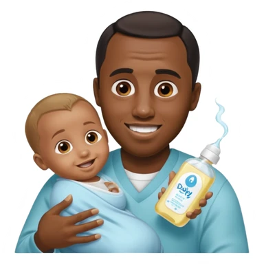 Sean “Diddy” Combs with baby oil and a very small infant and he’s pouring the baby oil on the baby and they have a scared face they’re really scared while diddy is happy sticker