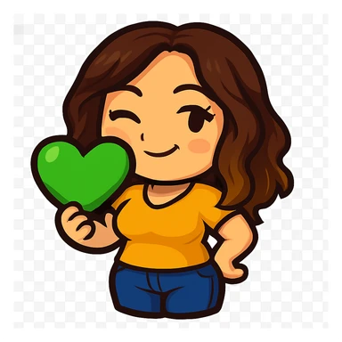 Sticker style chibi emote, matching the attached green heart emote as a base, but with a slightly skinnier body and a bigger chest. Woman from reference, yellow t-shirt and blue jeans, winking, cute playful face, no headband, no wand, transparent background. Top color should not match jeans. sticker