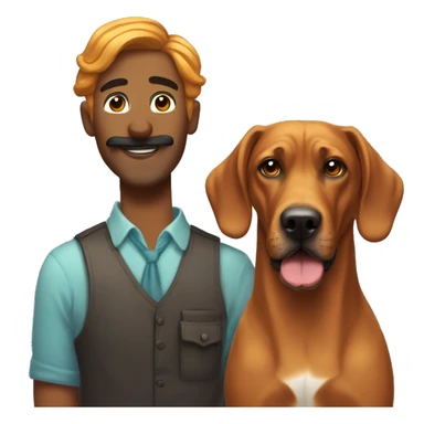 white male with long rainbow colored hair and a curled mustache standing alongside a brown rhodesian ridgeback dog sticker