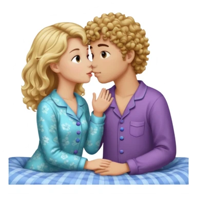 Blonde straight hair girl and brown curly haired boy kissing in pajamas sticker
