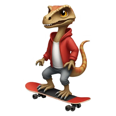 Velociraptor riding a skateboard with a red hoodie and joggers on sticker