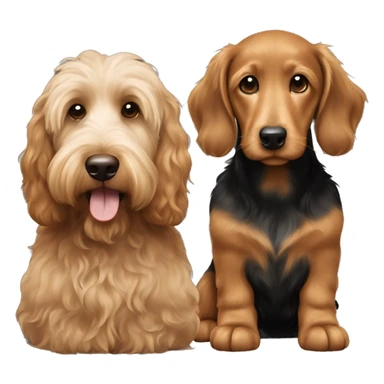 Brown golden doodle and black and tan and cream longhair dachshund sitting together  sticker