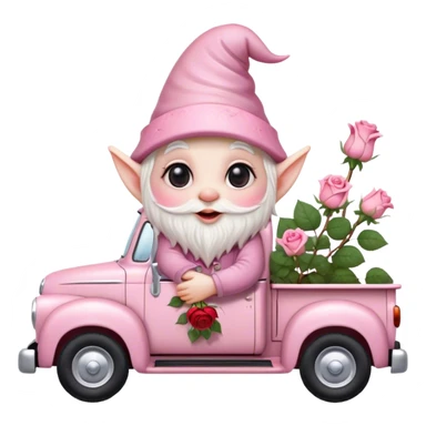 An adorable little pale pink Valentine’s Day style gnome with large glistening eyes, holding a rose with hearts in the background riding in the back of a beat up old pick up truck sticker