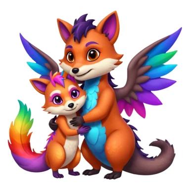 black female raccoon dragon hybrid with rainbow colored wings and purple eyes giving a big hug to a red female fox dragon hybrid with rainbow colored wings and orange eyes sticker