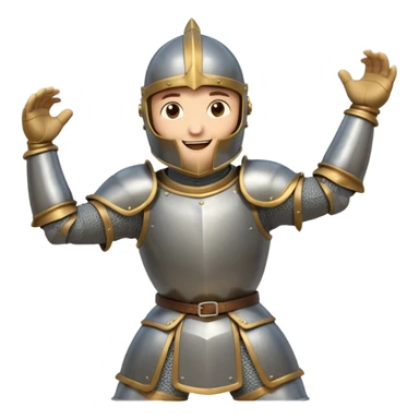 A cartoon knight in full armor with a closed helmet, expressing joy. The knight's head is tilted slightly upward, arms outstretched, and legs in a slight jump. sticker