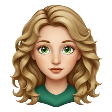 creative women with long dark Blond with highlights wavy hair white women, oval shape face green hazel eyes long lashes freckles on the nose high cheek bones sticker