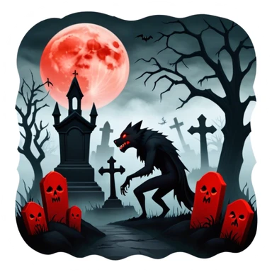 Icon for Horror Movies: A chilling collage with a monstrous werewolf or vampire, dark silhouettes, eerie graveyards, and creepy elements like spiders and tombstones. Ghostly fog surrounds, with a blood-red moon in the sky. The atmosphere is unsettling, eerie, and haunting. Transparent background. sticker