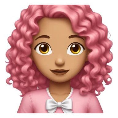 Girl face with cute pinkish makeup and pretty pink hair ribbon and long curly brown hair sticker