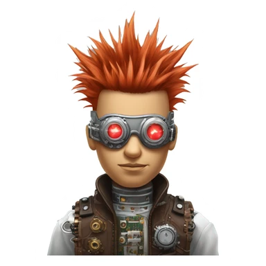 Light red Mohawk hair male cyborg head with white steampunk goggles and circuits sticker