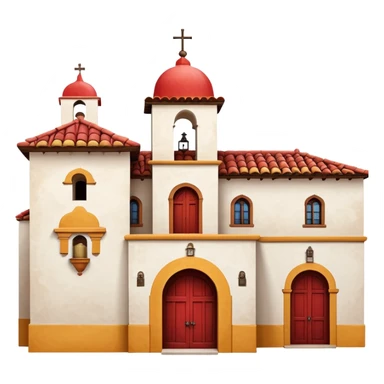 Spanish mission style house with bell tower and arches, displaying a Spanish flag (red-yellow-red horizontal stripes) hanging from a window sticker