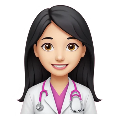 A indian female doctor with black long hair , doe eyes smiling without teeth , wearing white lab coat over dark pink scrubs and properly drawn stethoscope  sticker