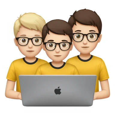 technologist using laptop coding with 2 other technologist color yellow three of it is boy  that using 3 laptop sticker