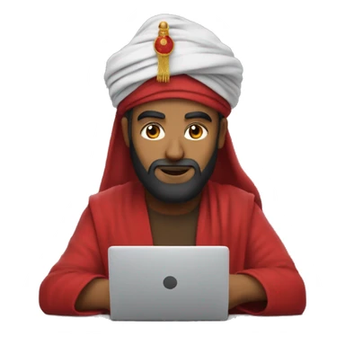 A caliph with turban and red clothes writing in a laptop sticker