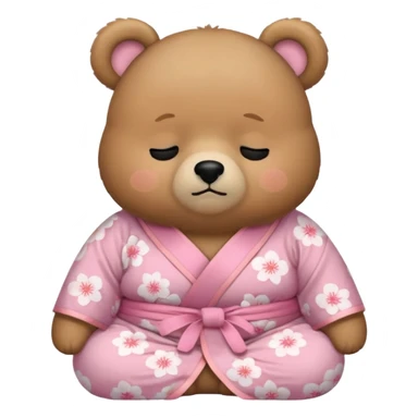 A cute chubby light-brown bear wearing a pastel pink sakura-patterned kimono, tiny body and big round head, adorable simple face, sleepy half-closed eyes, small blush on cheeks, sitting while dozing off, tiny “zzz” floating above the head sticker