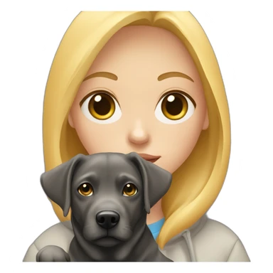 A blonde girl  with blues eyes, with smooth hair and a ray,she has light skin a few freckles, and she wear a hoodies and she Carries in his arms a black baby labrador dog  sticker