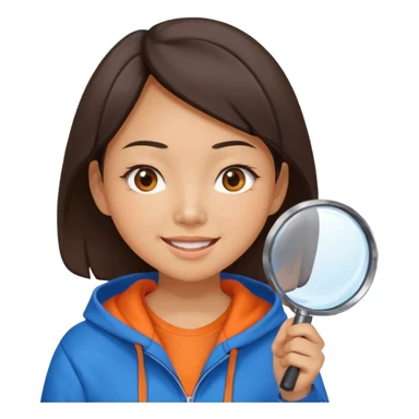 A brunette smiling asian woman wearing orange-blue hoodie holding a large magnifying glass and squinting at something to intently sticker