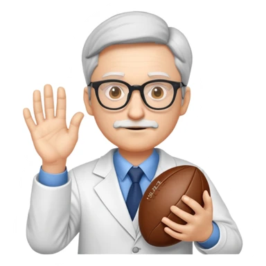 professor with glasses and academic attire with hands positioned as if gripping an invisible rugby ball sticker