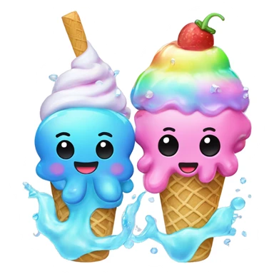 Two Kawaii pastel neon rainbow bedazzled sea creatures enjoying ice cream that looks like kawaii squids  sticker