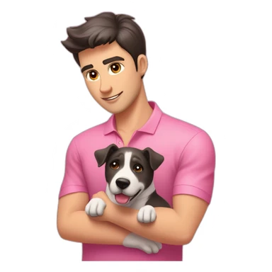 young handsome man with straight short dark hair and dark eyes with large eyelashes and plump pink lips protruding cheekbones in a sports polo shirt hugs a dog sticker