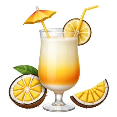 A beautiful cocktail with a creamy white to orange gradient, containing coconut juice and mango, reminiscent of summer. Above, there are tropical flowers, lemon slices, and a straws. sticker