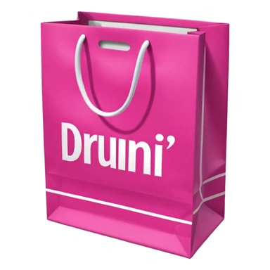 Fuchsia pink paper bag with white handles, repeating DRUNI pattern in light pink and a large vertical 'DRUNI' in bold white letters in the center, iOS emoji style, shiny and realistic. sticker