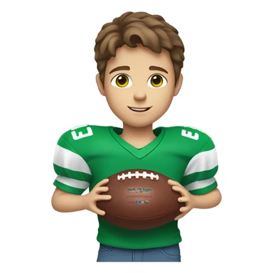 boy with brown hair and light blue eyes. wearing a green shirt. holding an american football  sticker